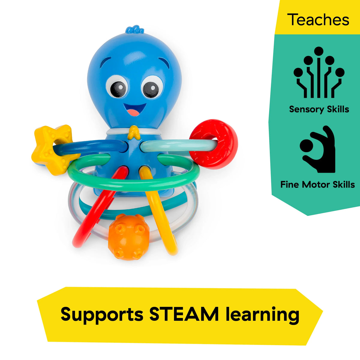 Blue octopus teether rattle with red, green, and yellow ring arms