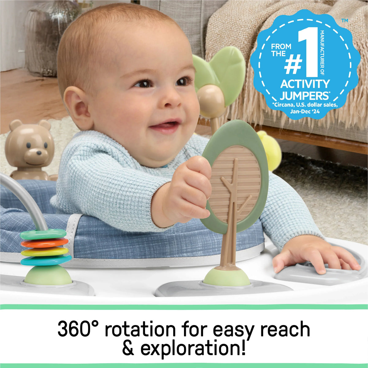 Chambray baby jumper seat with handle bar and green toy feet