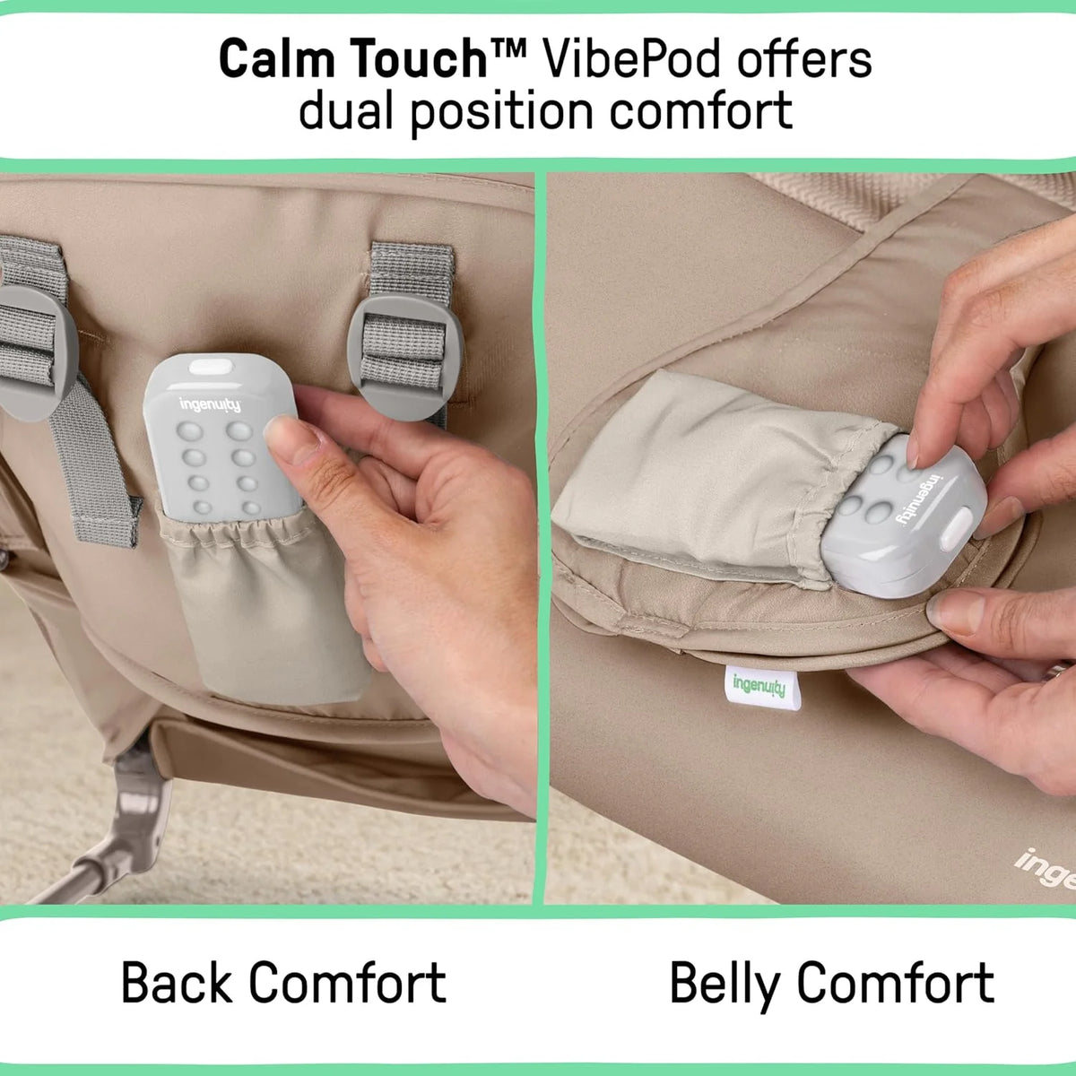 Beige infant rocker seat showing removable vibe pad control unit