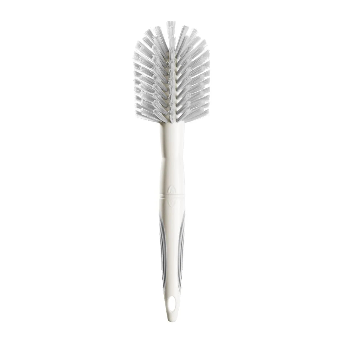 Bottle and teat brush with white handle and dense cleaning bristles