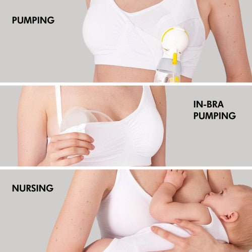 White 3-in-1 nursing bra shown with in-bra pumping insert and nursing latch view