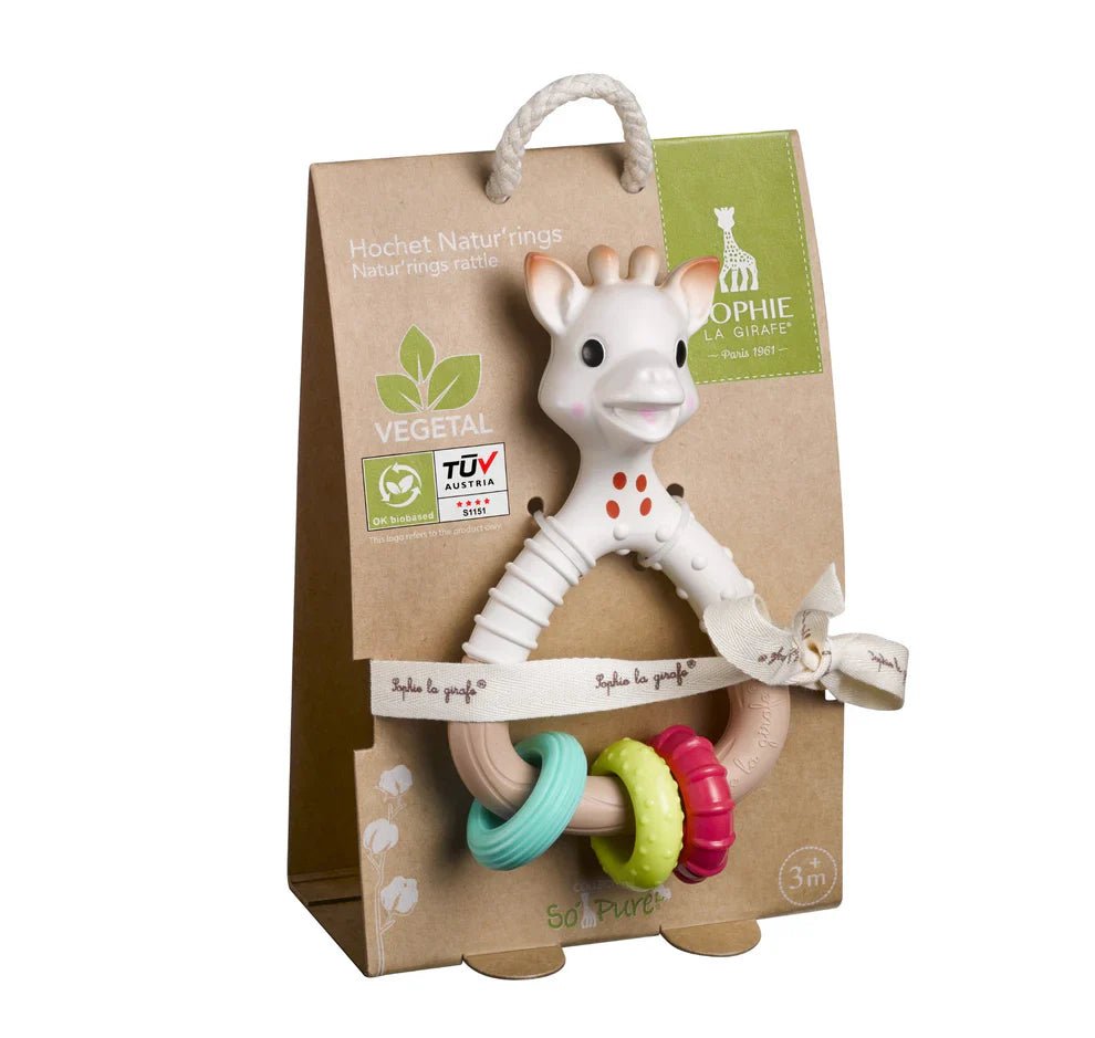Boxed giraffe baby rattle with blue, lime, and red ring teether