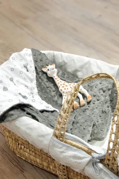 Sophie'Doux blanket in a basket, gray minky with giraffe patch and star print