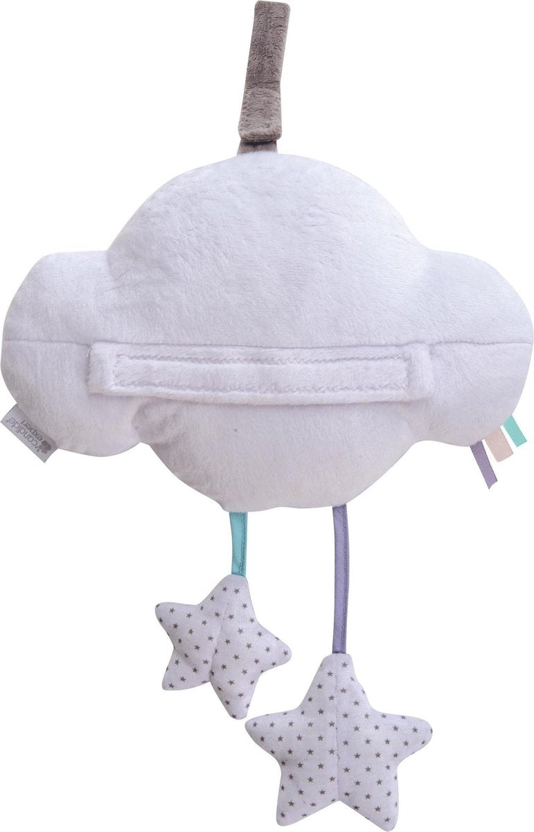 Plush cloud comfort toy with hanging star charms and fabric strap, light purple