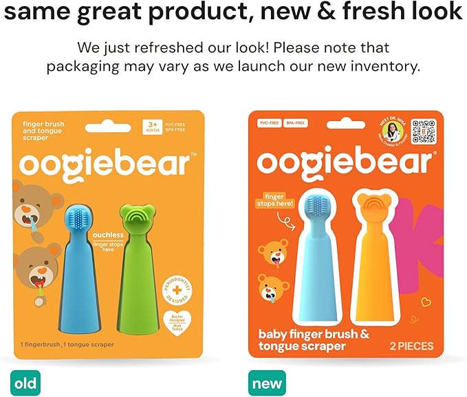 oogiebear baby finger brush and tongue scraper box, blue and orange, 2 pieces.