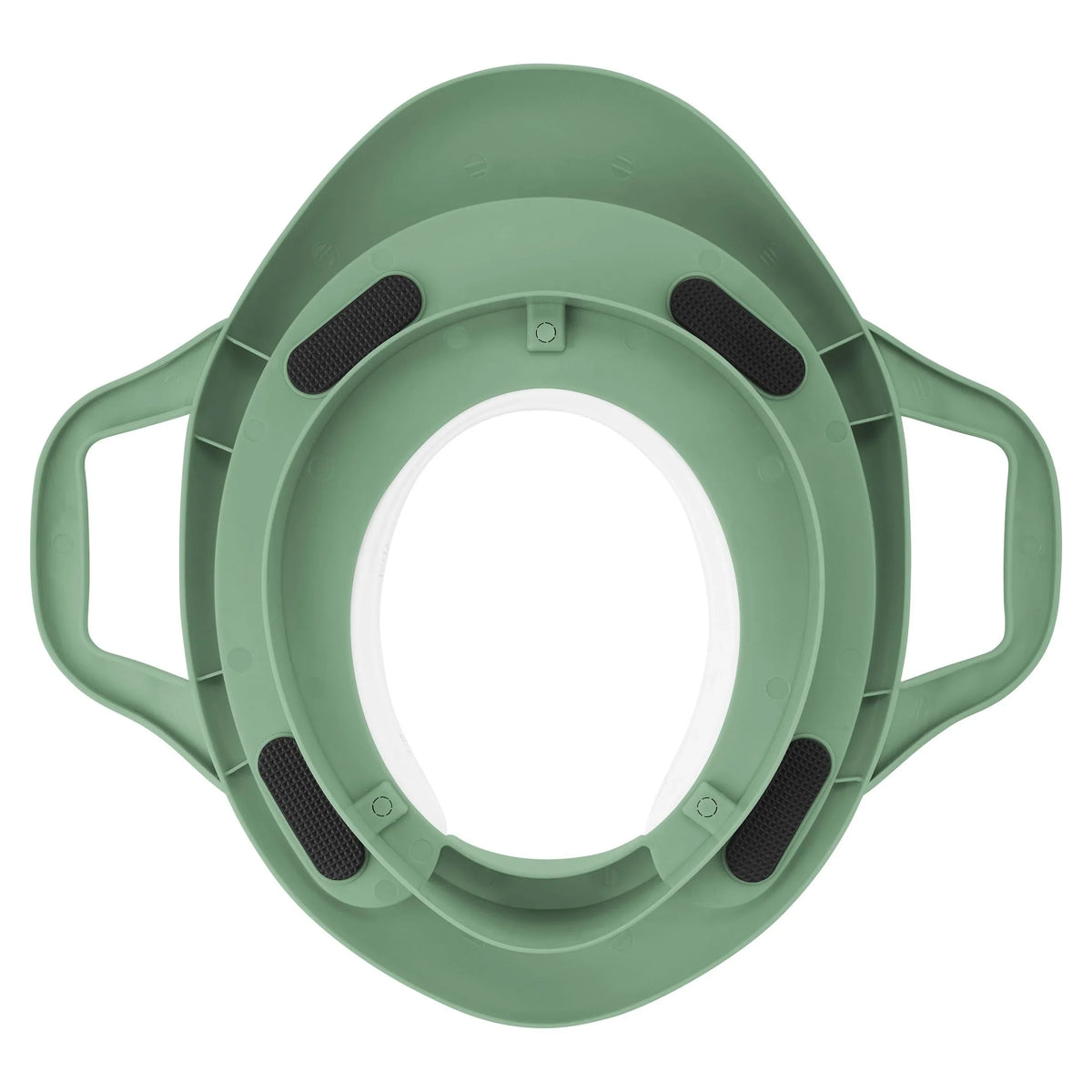 Comfort toilet reducer with handles, green view of inner ring and grip pads