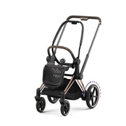 Cybex e-Priam stroller frame with black seat and rose-gold accents on wheels