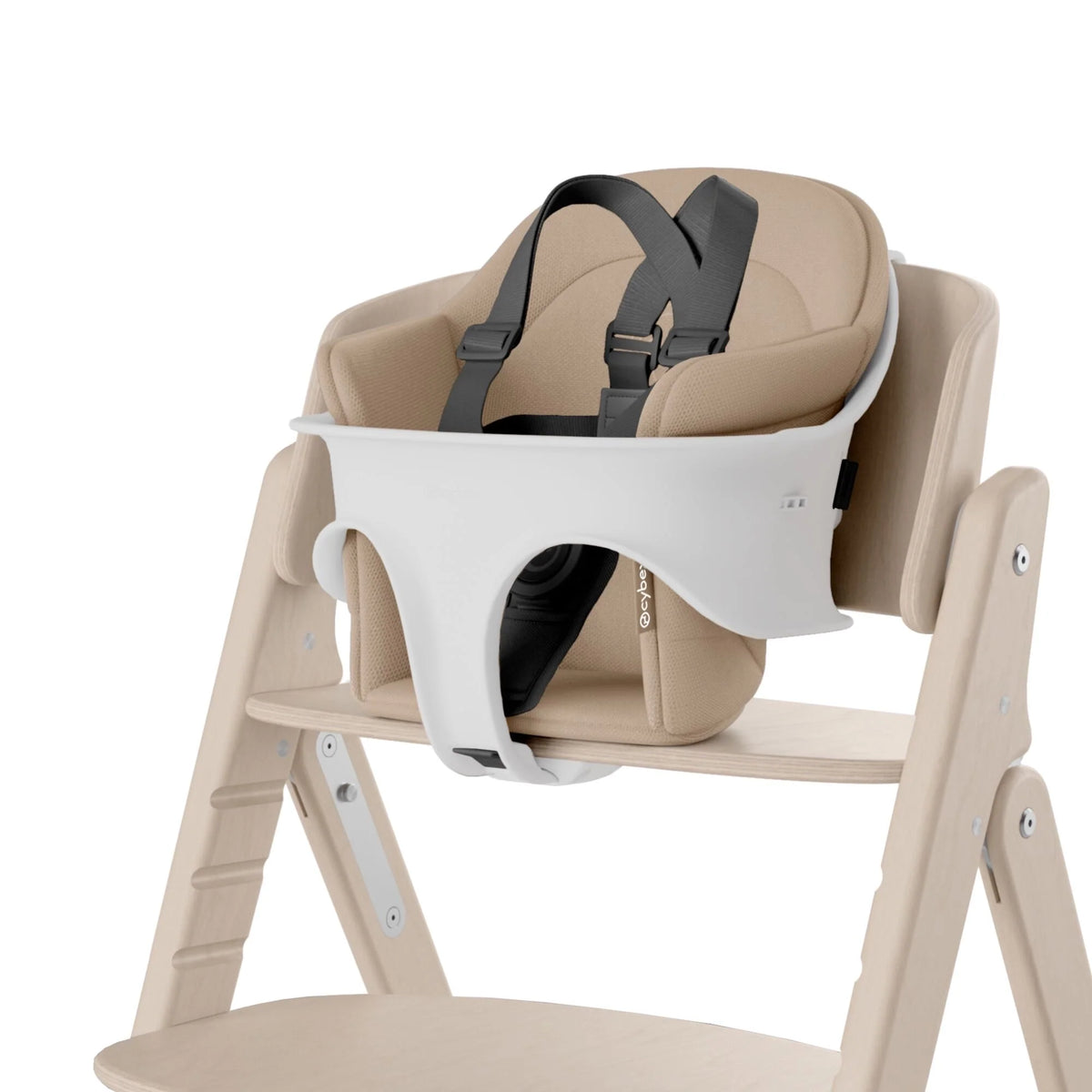 Light grey high chair with dark grey safety harness straps and chest buckle