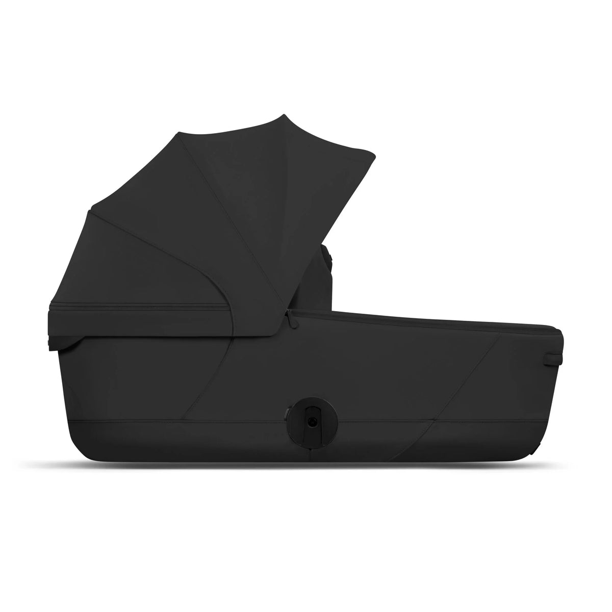 Black foldable carry cot with hood and padded mattress base