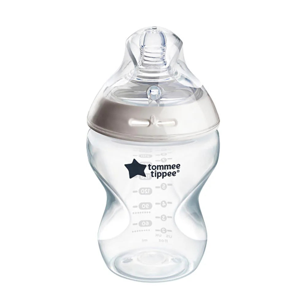 Clear baby bottle with gray silicone teat and Tommee Tippee star logo