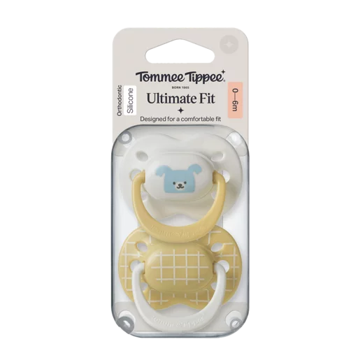 Tommee Tippee Ultimate Fit pacifier pair in blister pack, yellow and blue animal designs