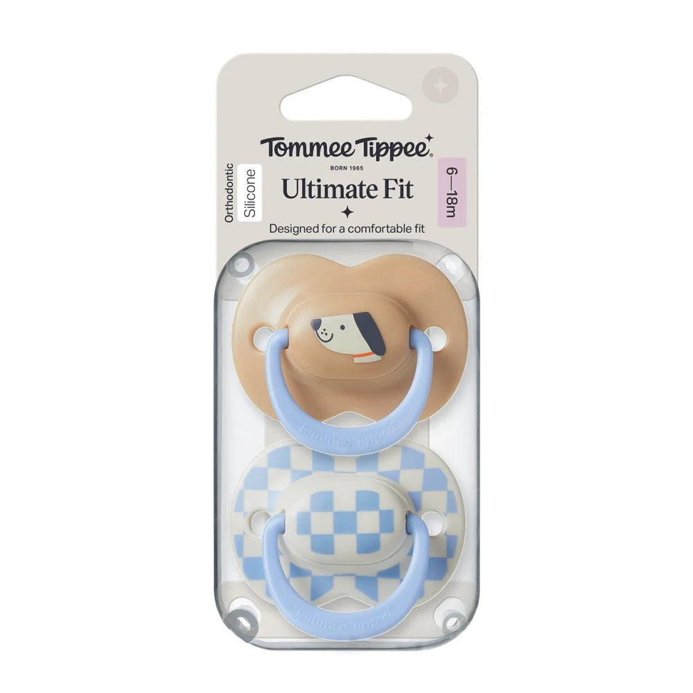 Tommee Tippee pacifier pair, beige character and blue checkered designs, 6–18m