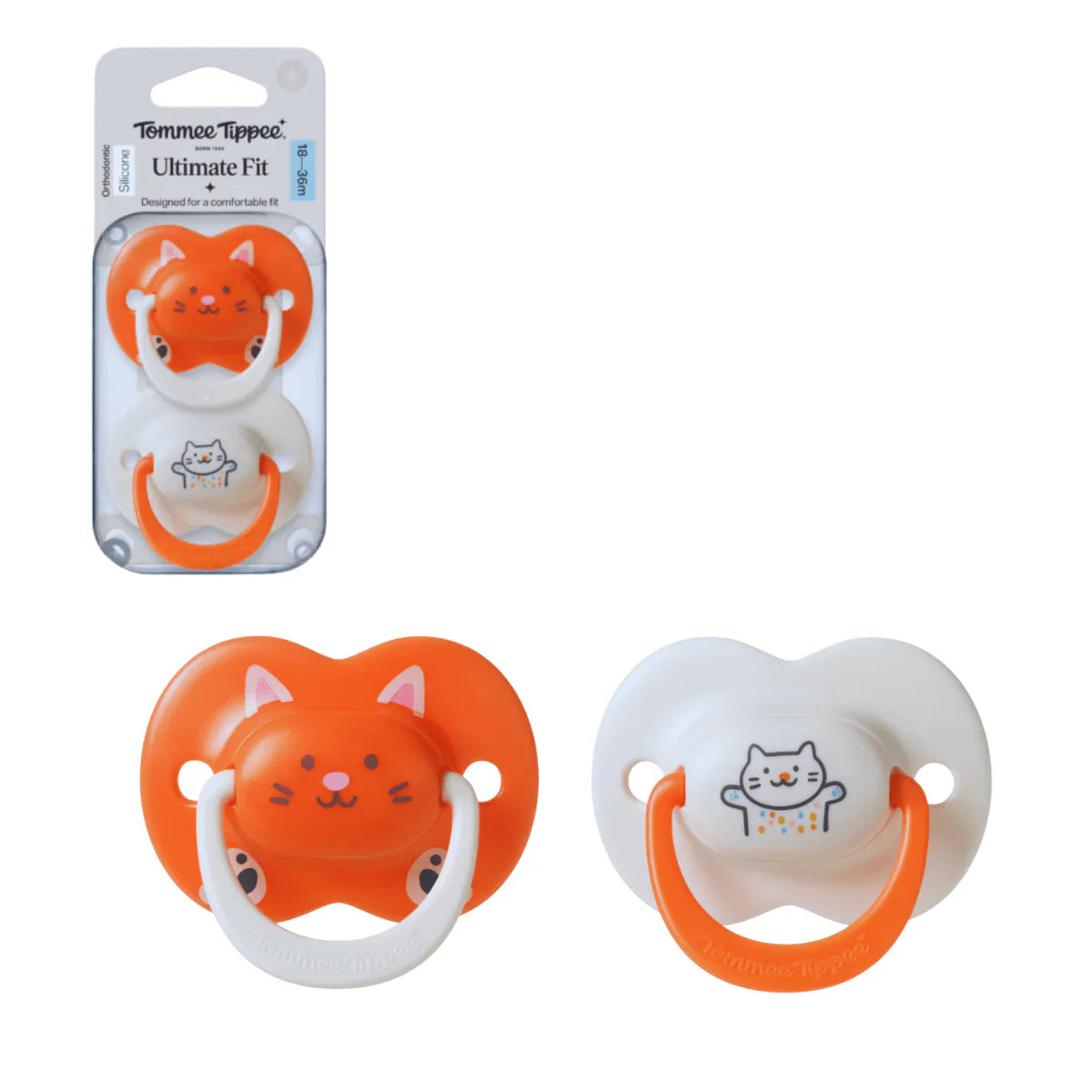 Orange and white baby soothers with cat graphics and shield-style rims, 18–36 months