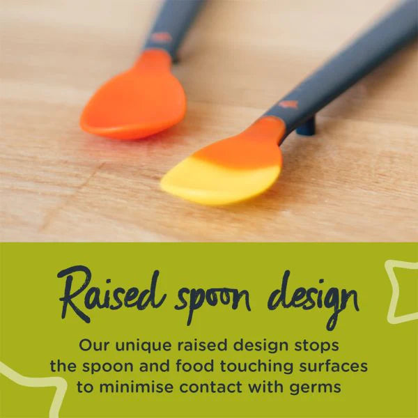 Soft weaning spoon pair with raised orange and yellow tips on black handles