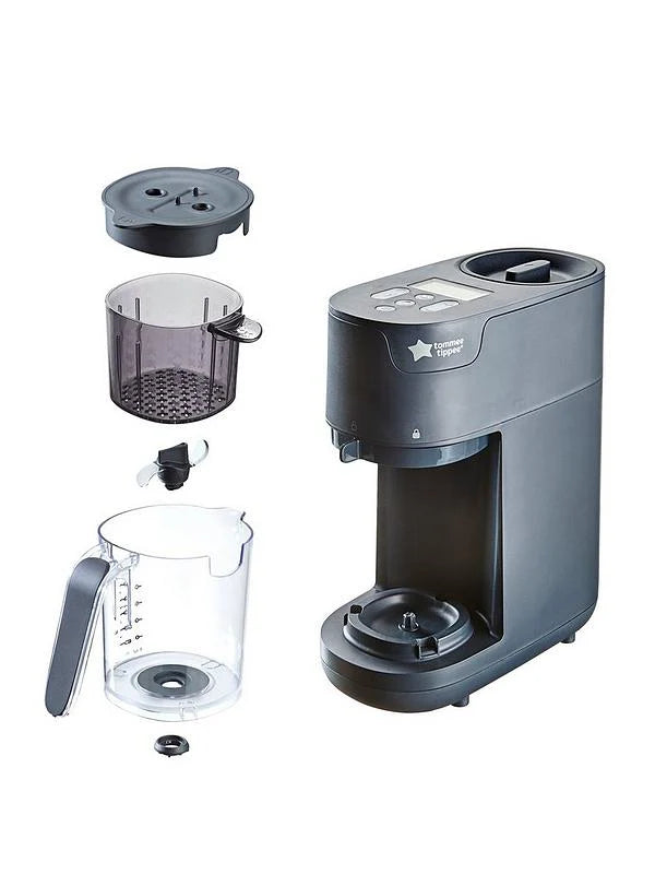 Black baby food maker with accessories: steamer basket, jug, and lid