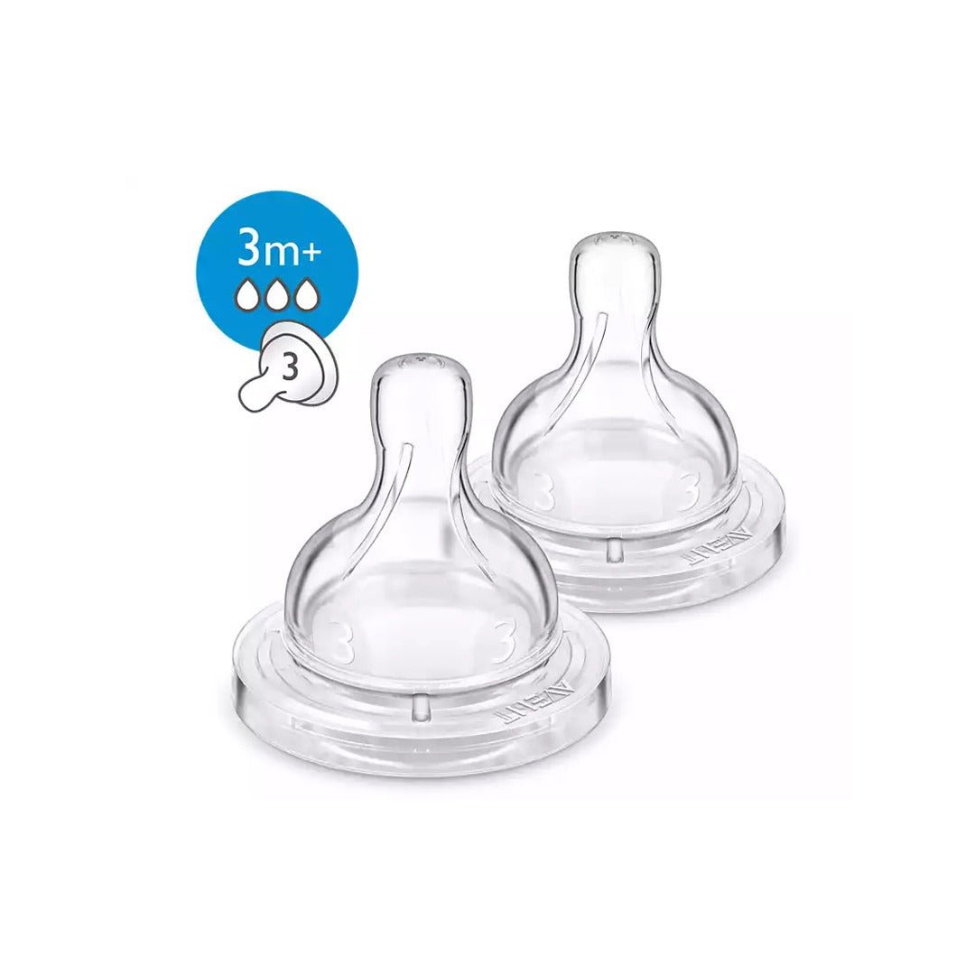 Two Philips Avent 3m+ clear silicone teats with anti-colic nipple