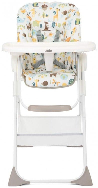 Baby high chair with alphabet pattern seat, white frame and gray footrest