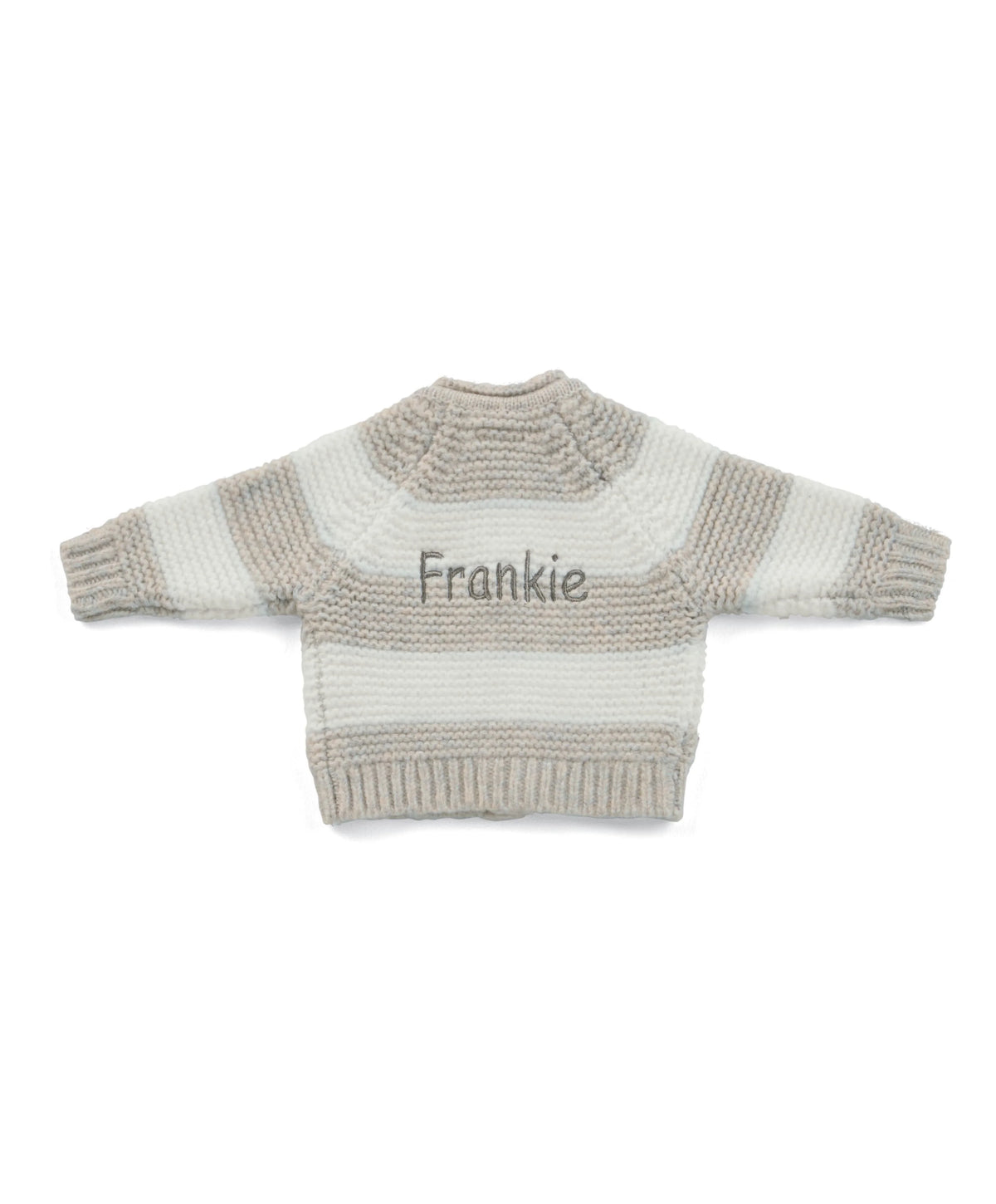 Cream striped knit sweater with ribbed hem and "Frankie" print