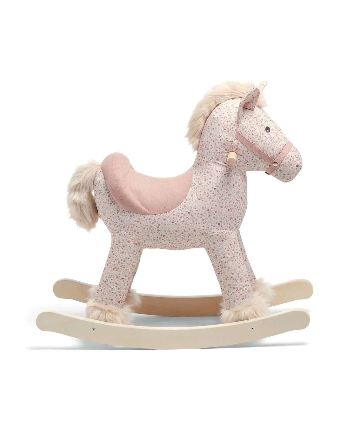 Plush rocking horse with ditsy floral print, fluffy mane and tail, wooden rocker base