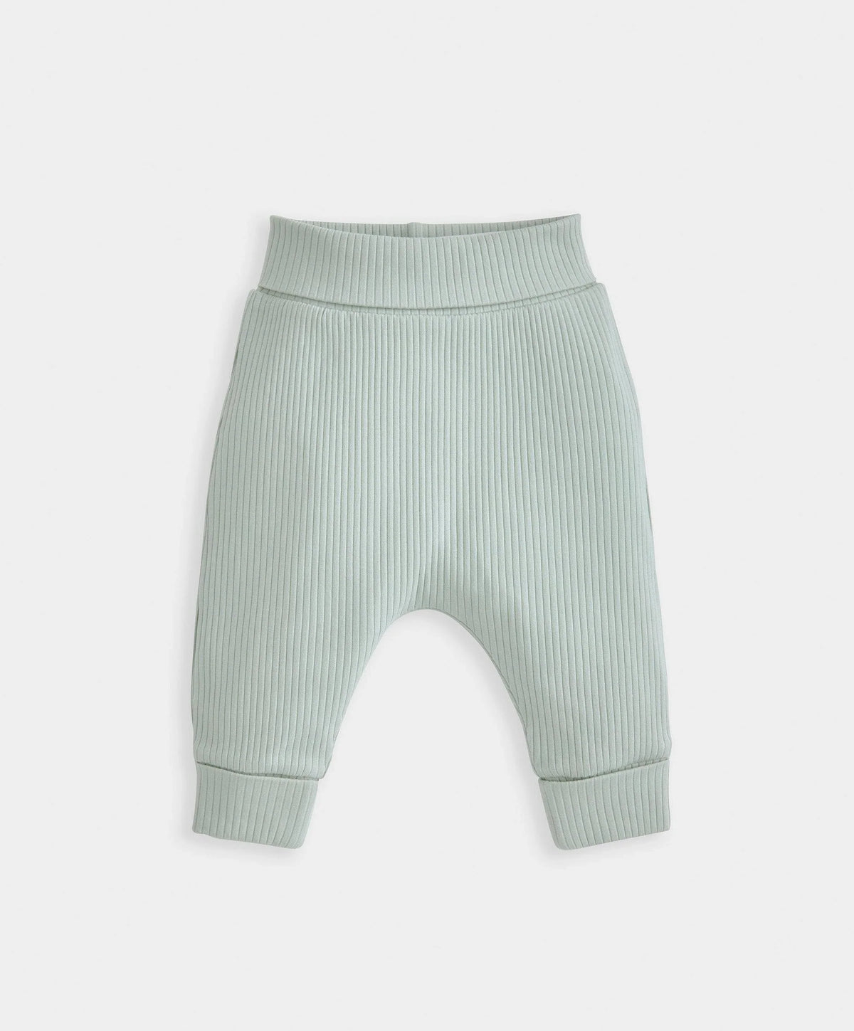 Light mint ribbed baby pants with elastic waistband and cuffed ankles