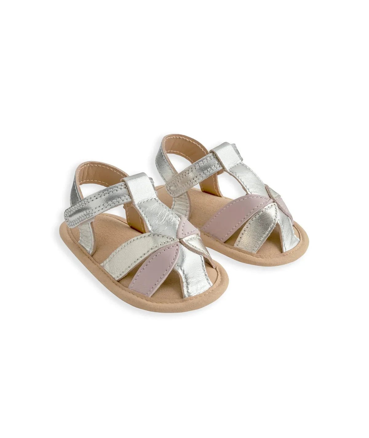 Metallic open-toe sandals with cross straps, pastel panels, and hook-and-loop closure