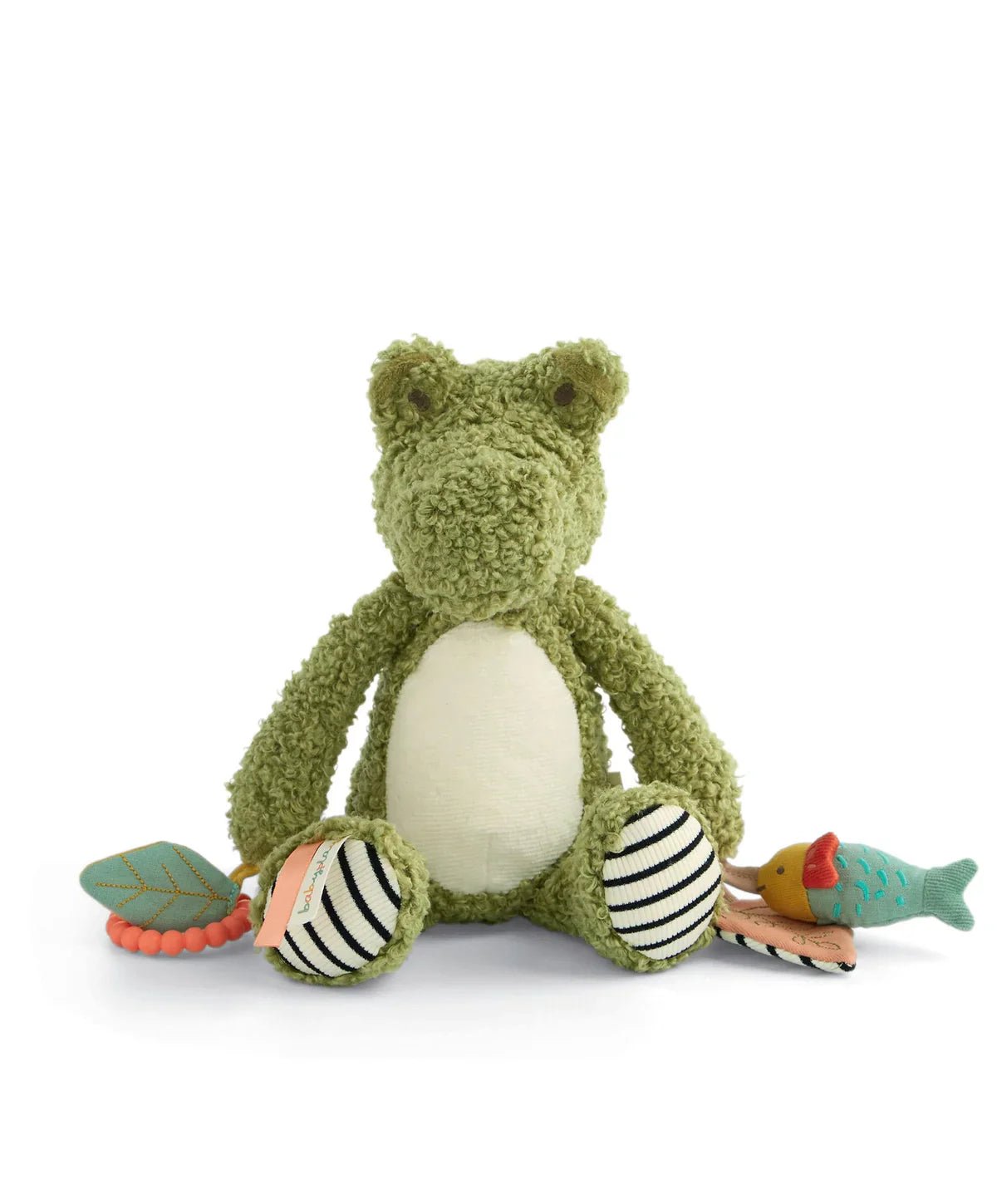 Plush green crocodile activity toy with striped balls, leaf tag, and small fish