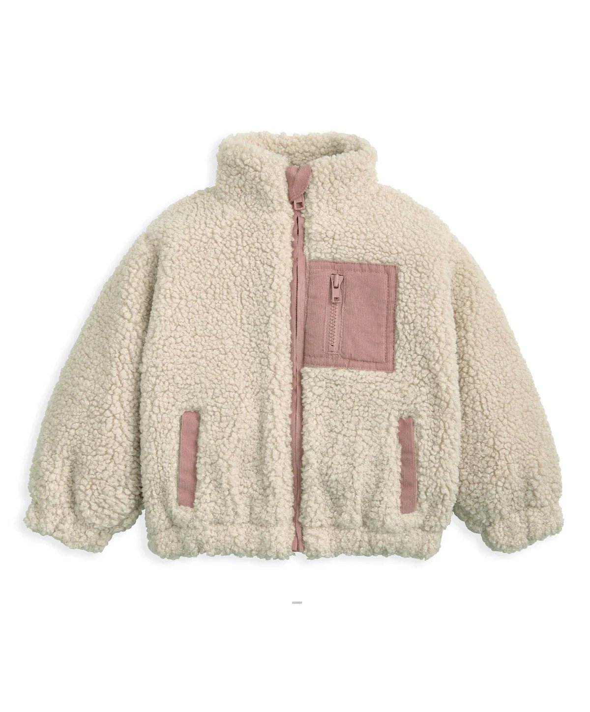 Cream borg jacket with funnel neck, front zip, chest pocket and two side pockets