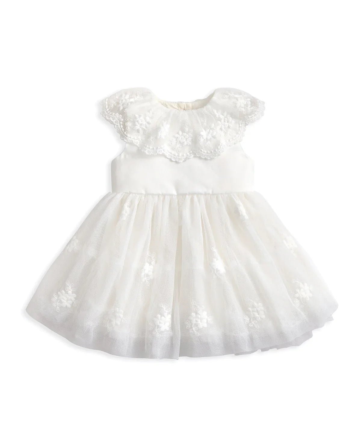 White mesh flower girl dress with lace cape sleeves and embroidered tulle skirt