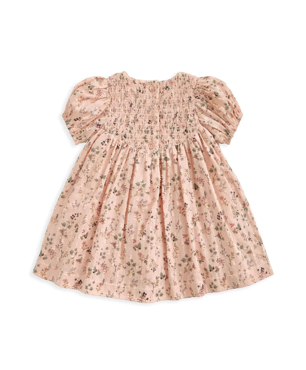 Pink ditsy floral dress with smocked yoke, puff sleeves and flared gathered hem