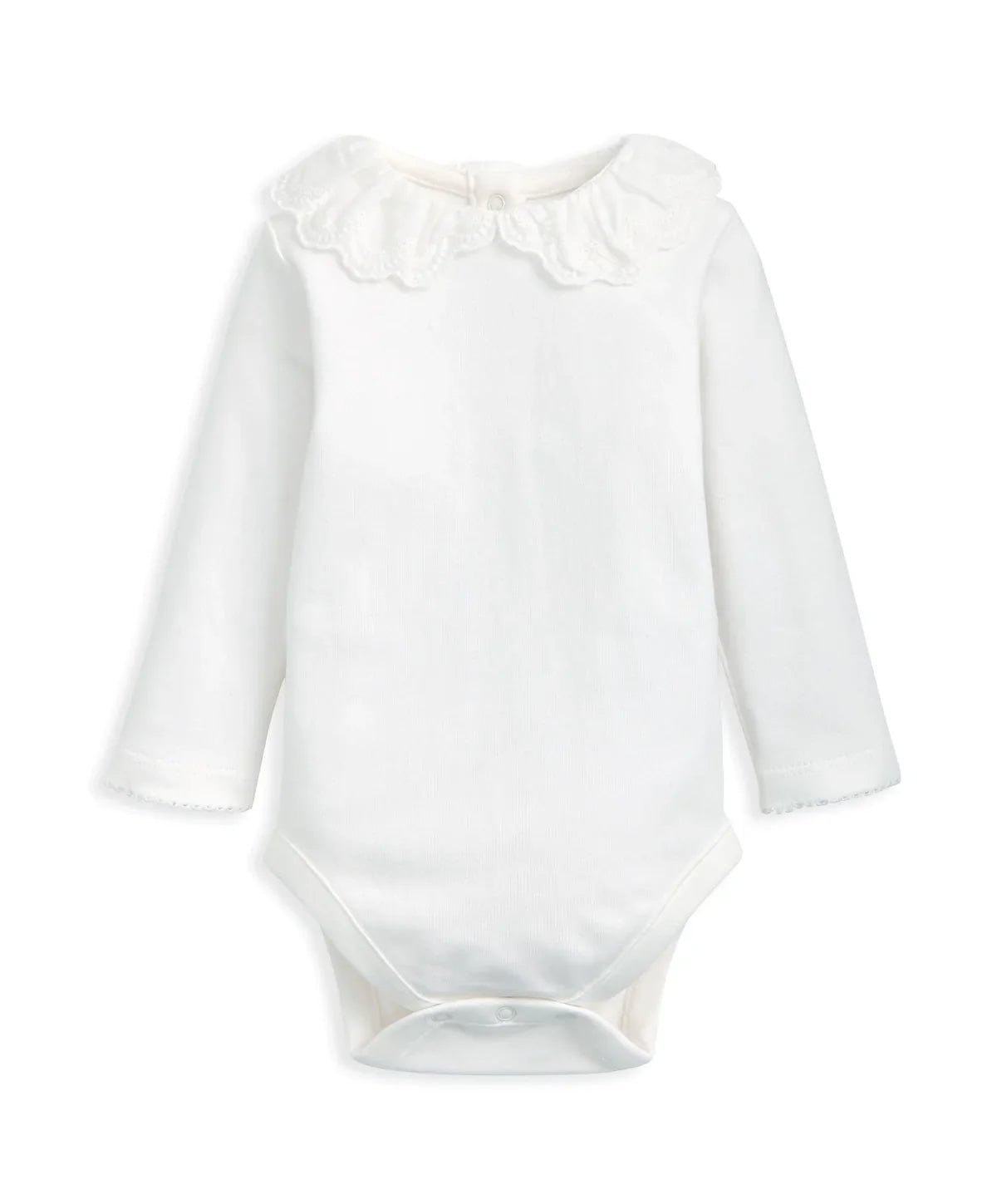 White embroidered Peter Pan collar long-sleeve bodysuit with ruffled neckline