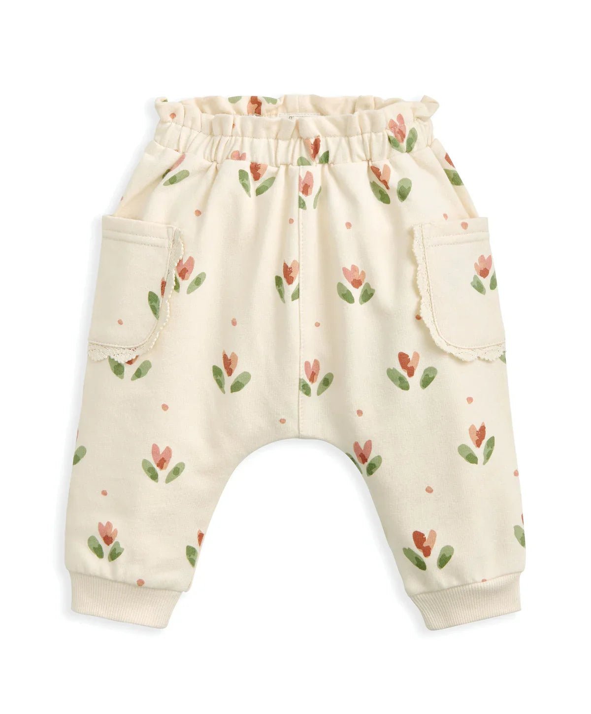 Cream floral joggers with tulip print, drawstring-style waist, side patch pockets