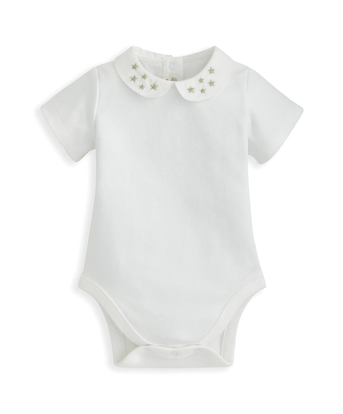 White short-sleeve bodysuit with star-stitched collar and snap bottom