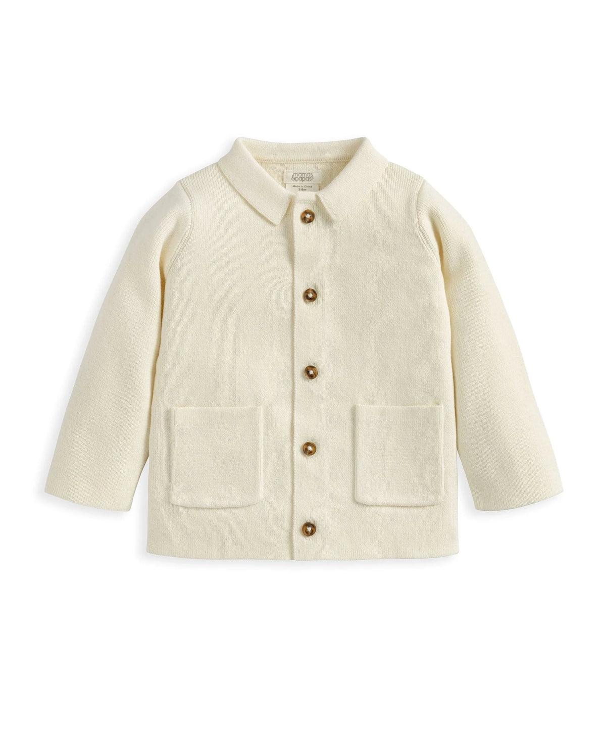 Ivory collared knitted cardigan with center button placket and two chest pockets