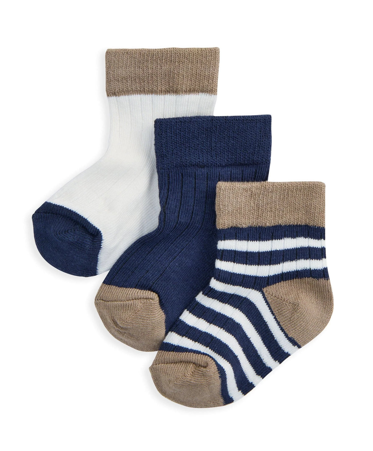 3-pack ribbed ankle socks in blue tones: navy, blue, and beige striped pair