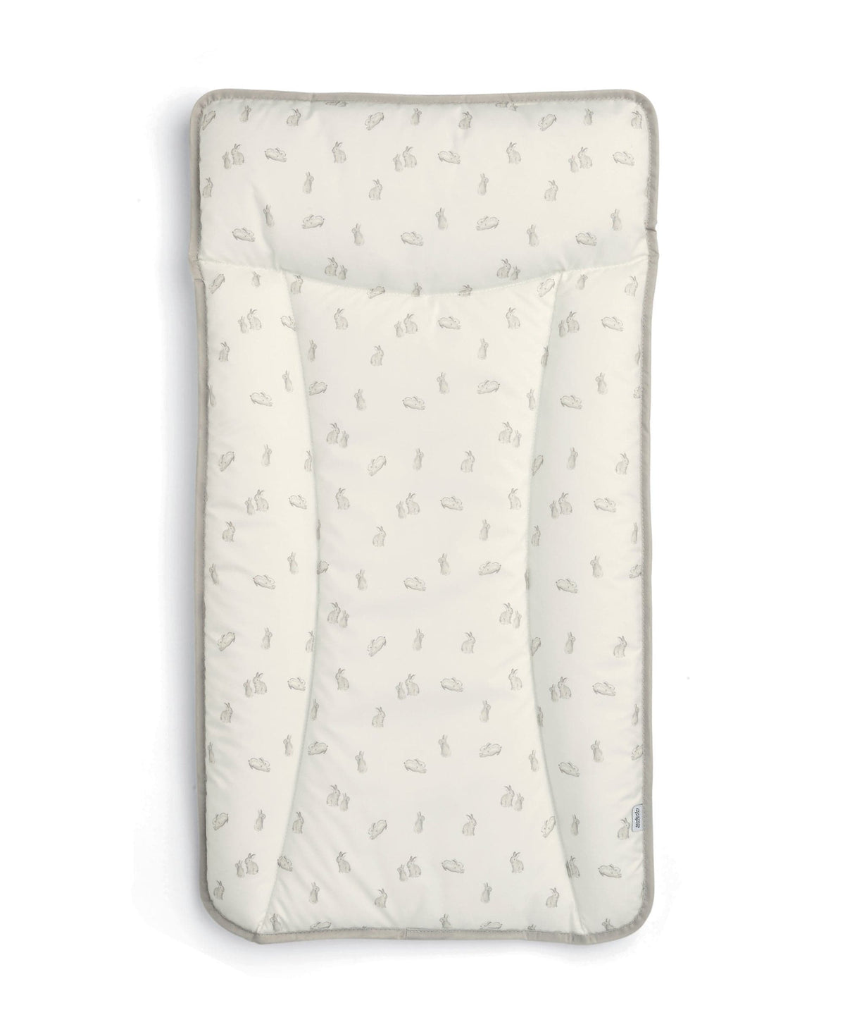 Bunny-print changing mattress with fitted cover, light cream color and padded edges