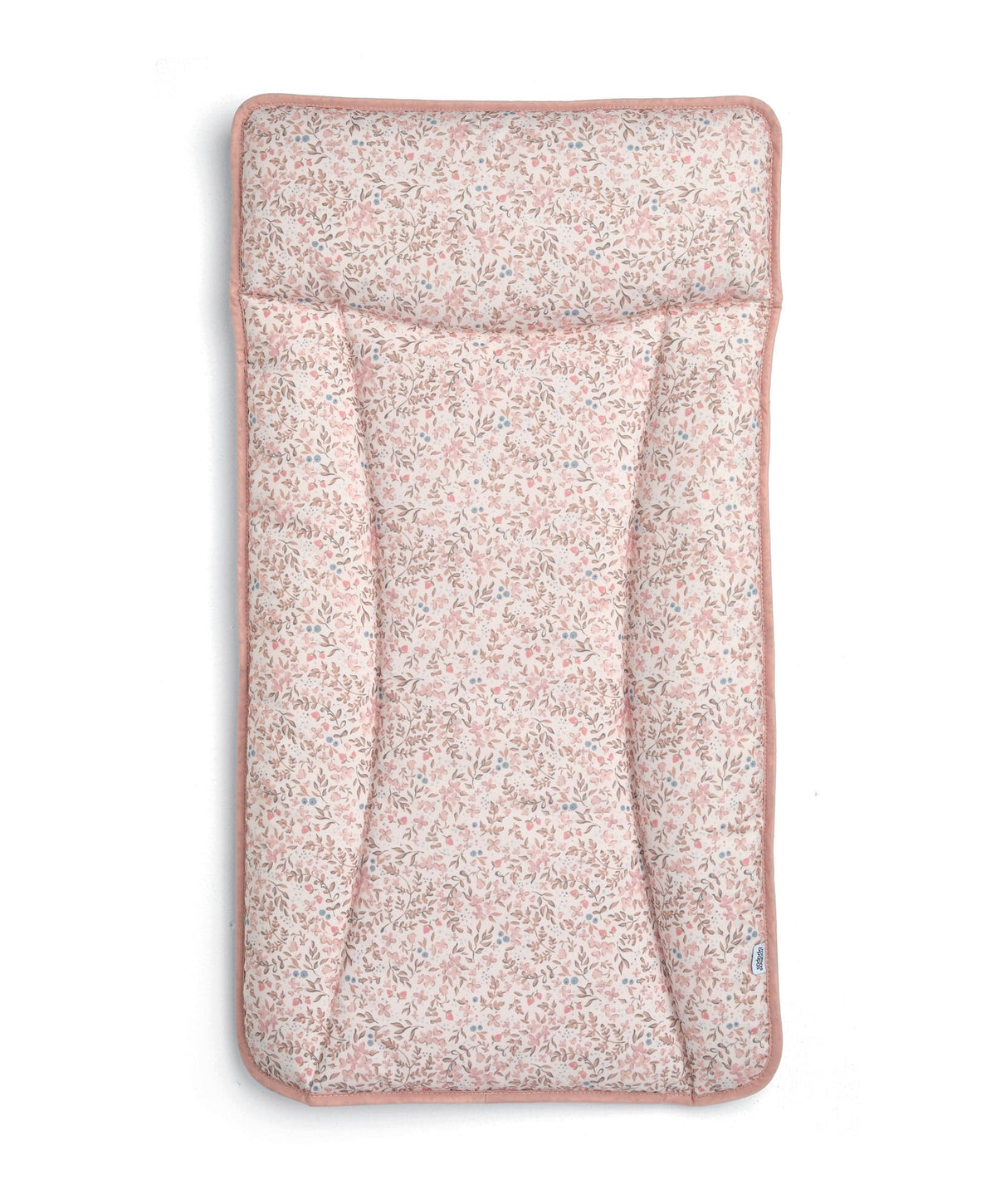 Changing mattress with pink strawberry pattern fabric cover, padded edges
