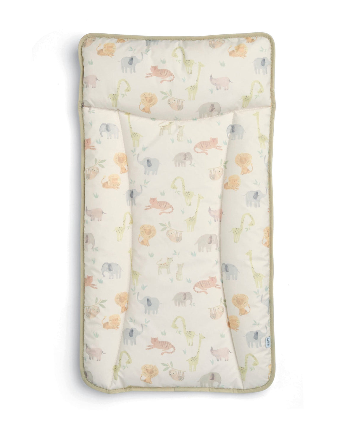 Safari animal print changing mattress pad with stitched edge, light cream background