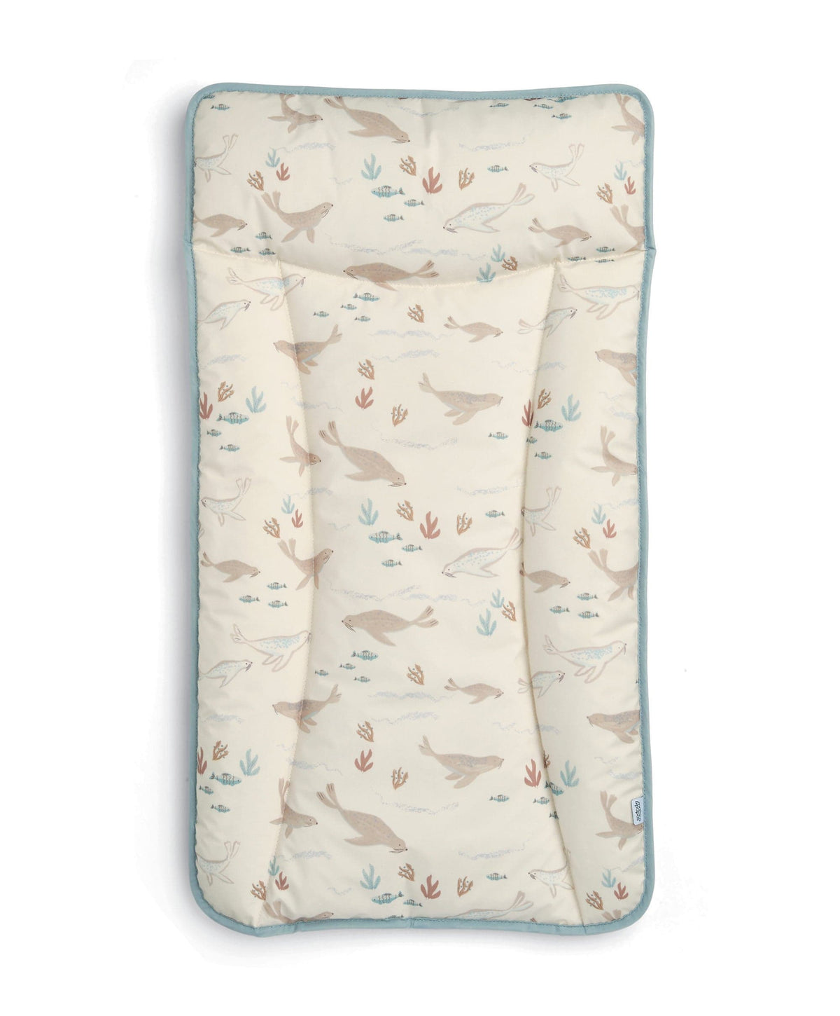 Changing mattress pad with woodland animal and plant print, light blue trim