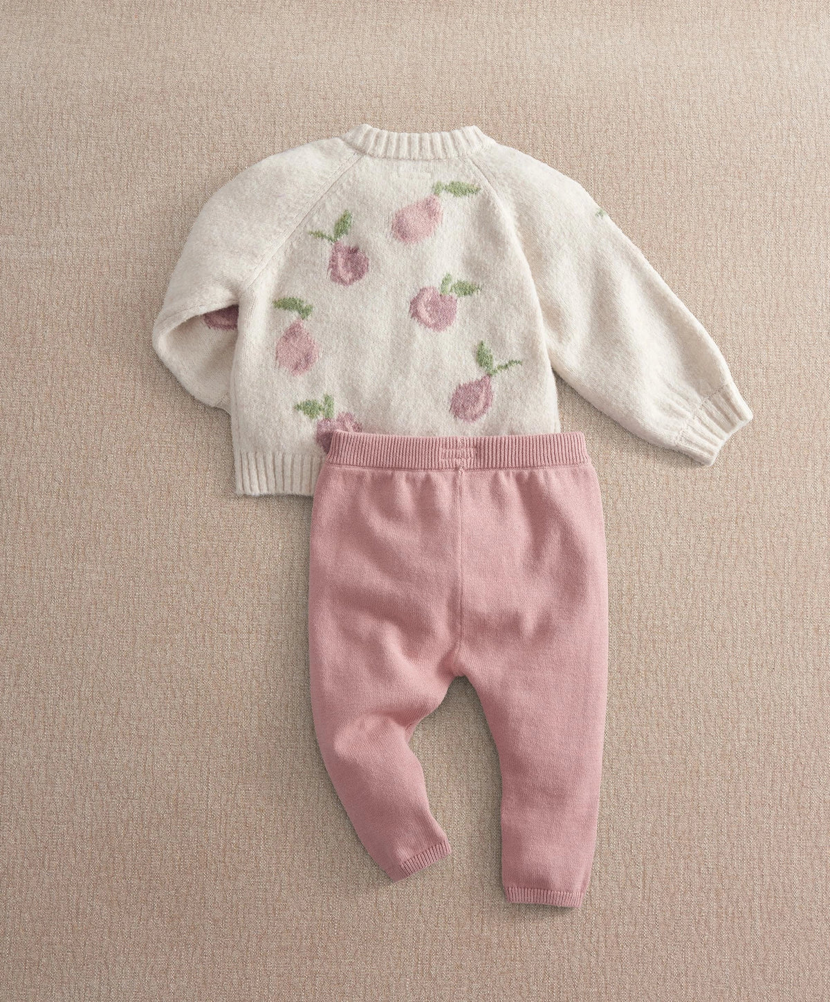 Knit cardigan and leggings set, off-white floral knit, pink leggings