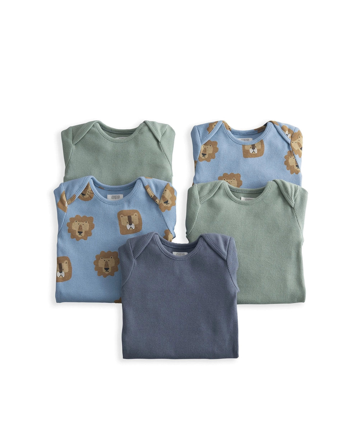 Pack of 5 lion-print baby bodysuits, neatly arranged: mint, light blue, navy