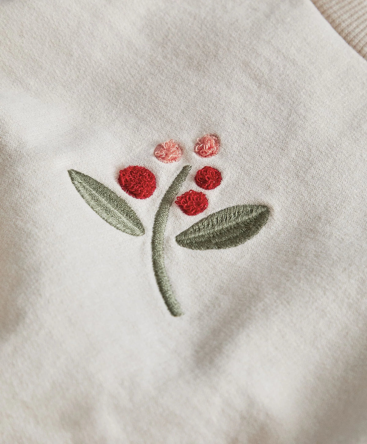 Cream sweatshirt chest embroidery of red berries and green leaves with small flowers