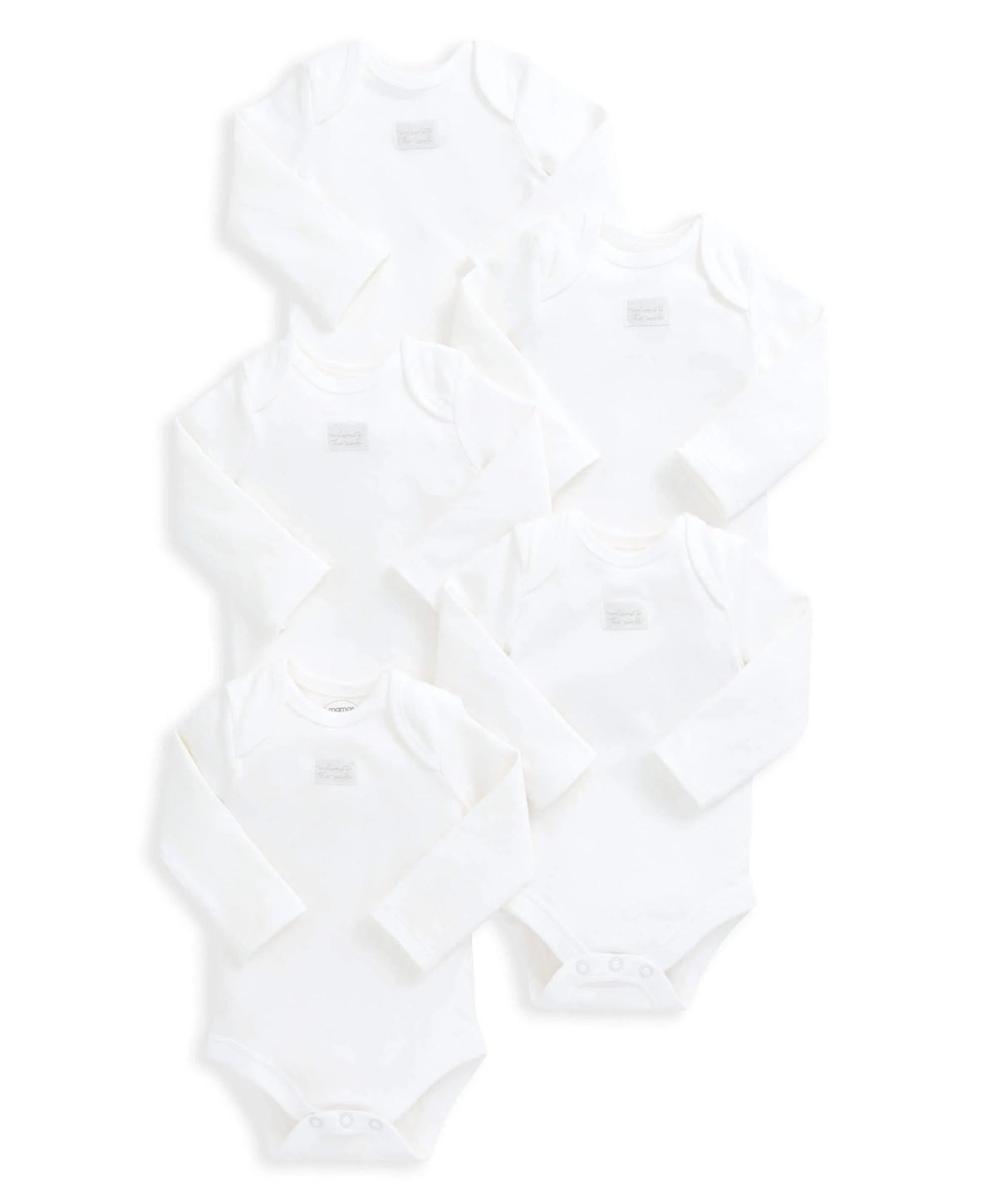 White long-sleeve bodysuit 5-pack laid out, round neck and snap crotch