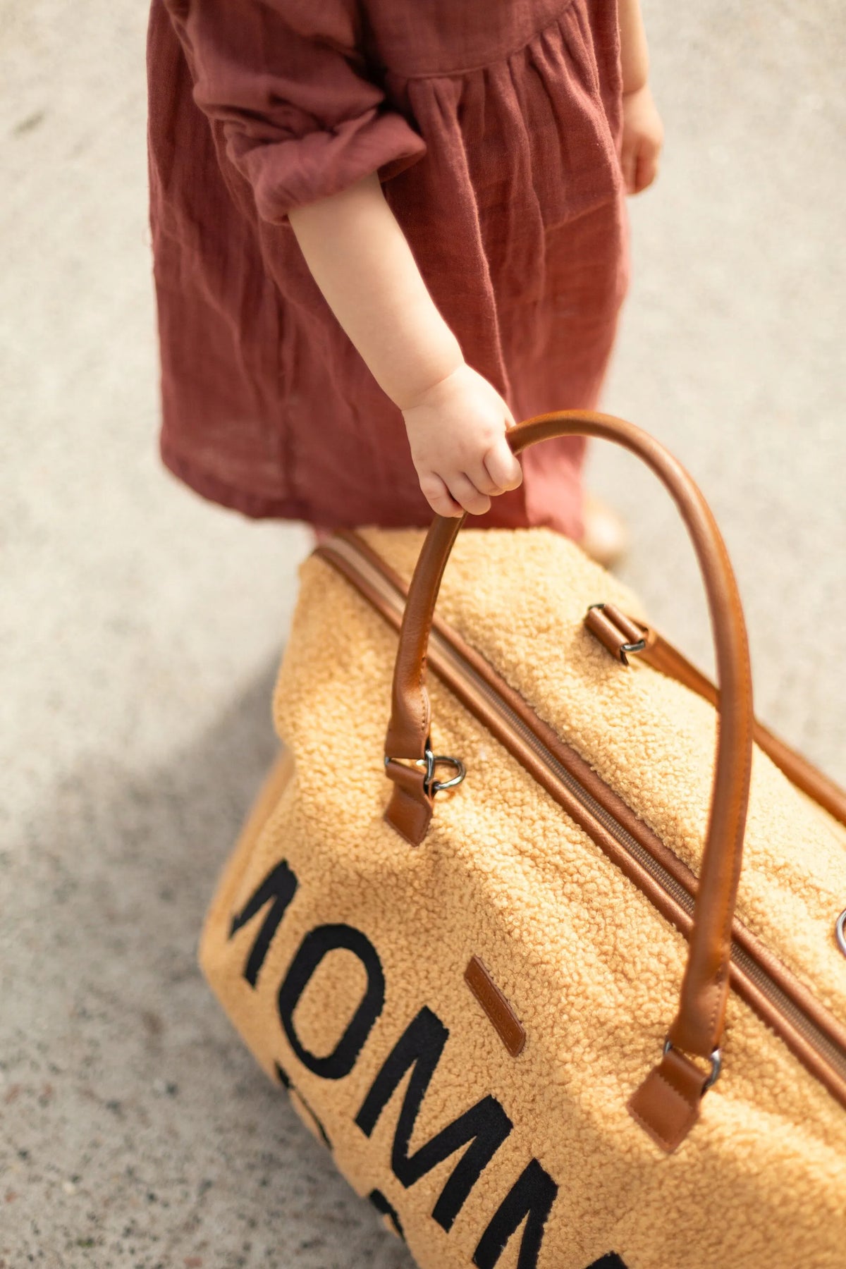 Brown teddy nursery bag with top handles and 'MOMMY BAG' lettering