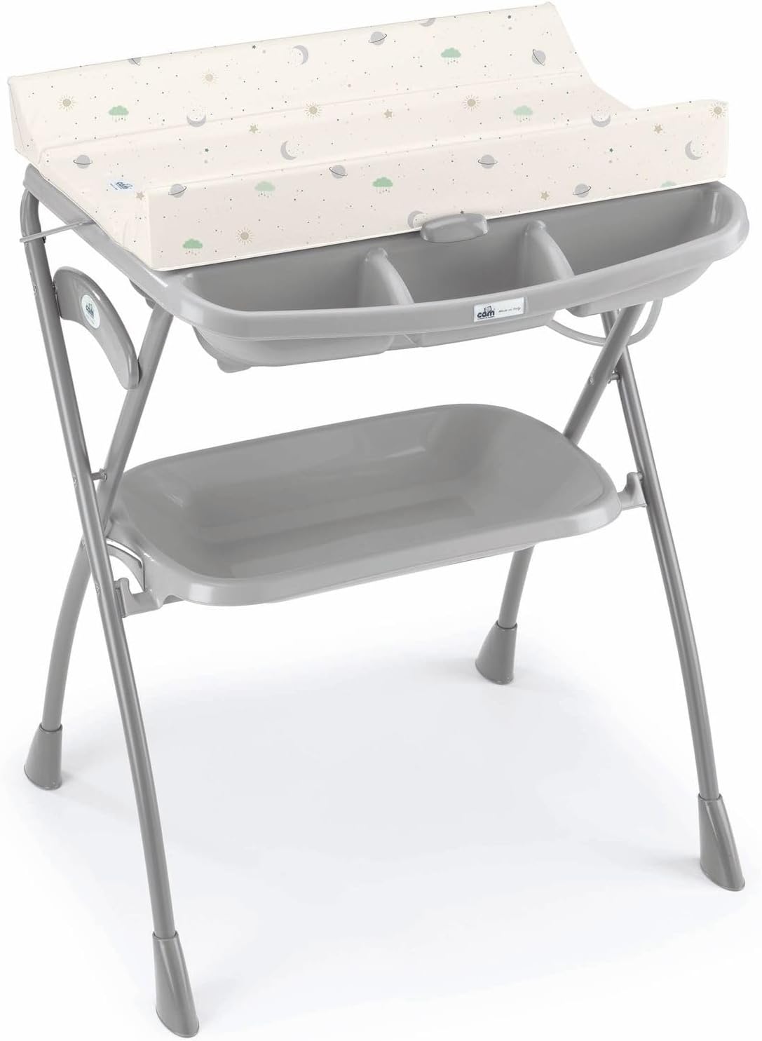 Baby changing station with grey tub, two shelves, and speckled light changing mat