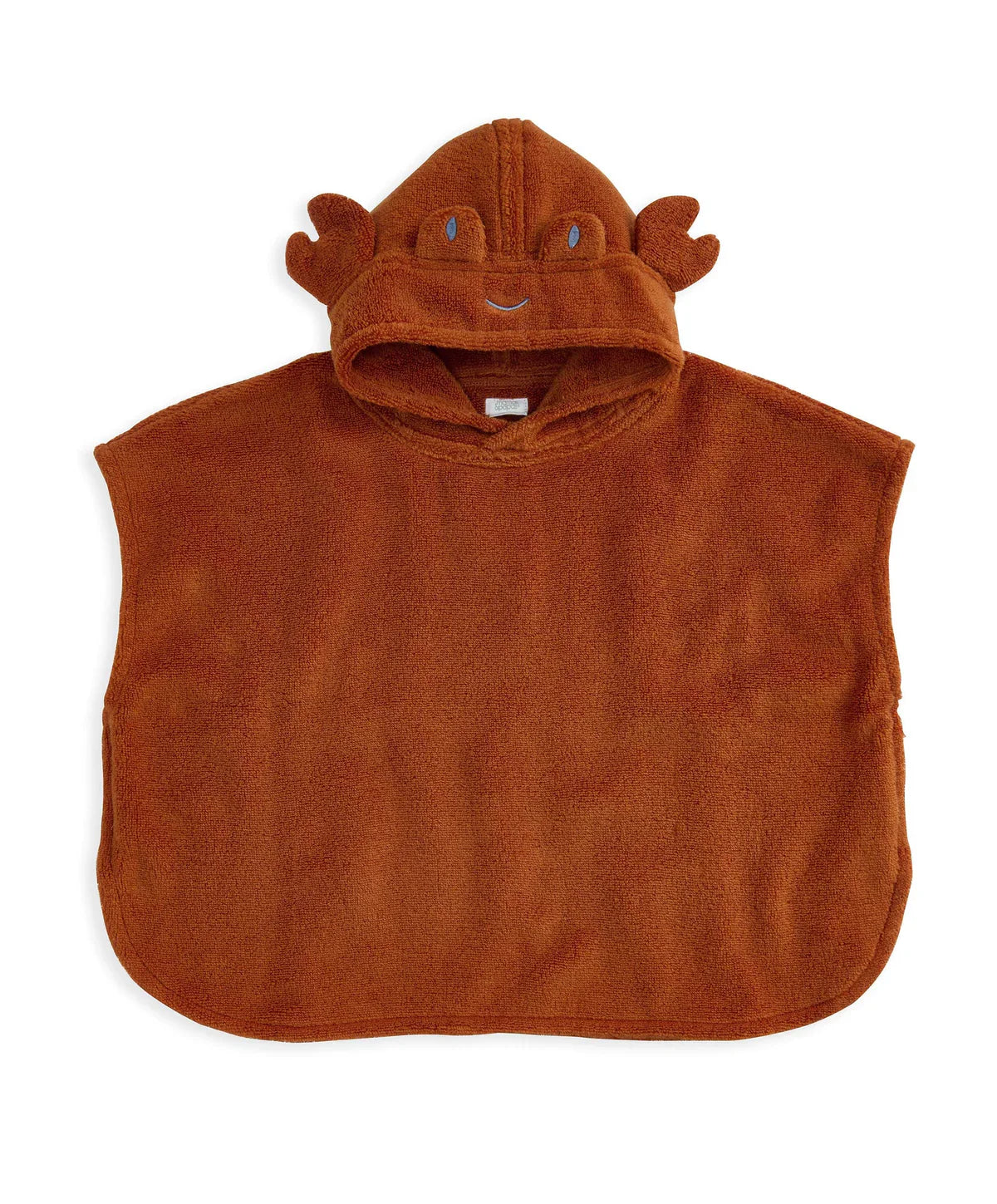 Rust crab poncho towel, hood with stitched eyes and small crab legs on sides