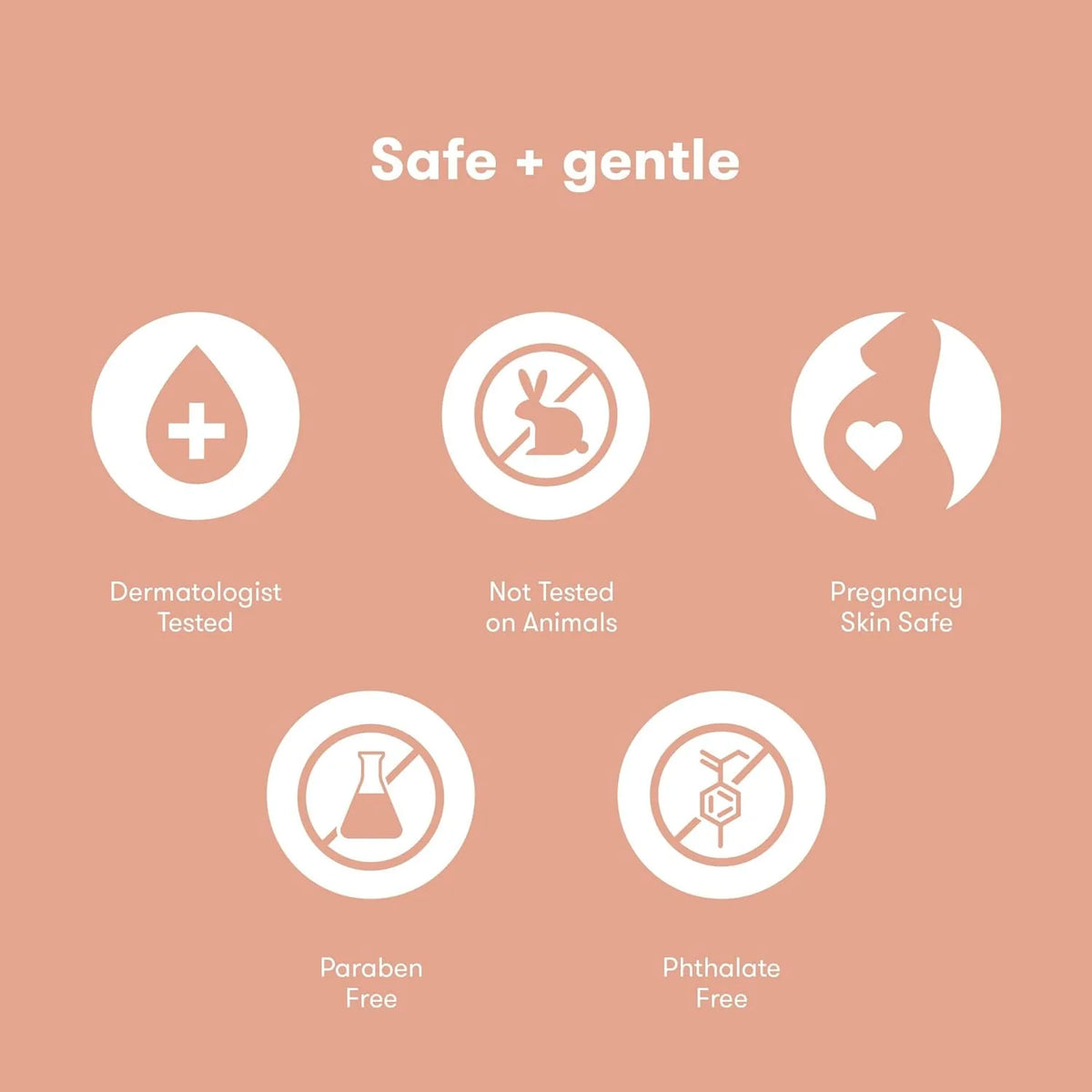 Body lotion safety icons: dermatologist tested, paraben-free, phthalate-free