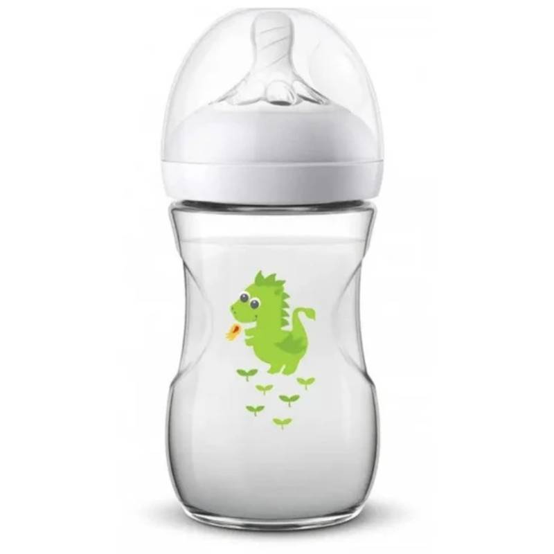 Dragon Natural baby bottle front view, green dragon print on clear plastic, white cap