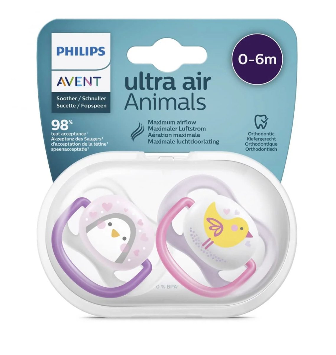Philips Avent Ultra Air Animals 0–6m pacifier pair in clear blister, purple and pink