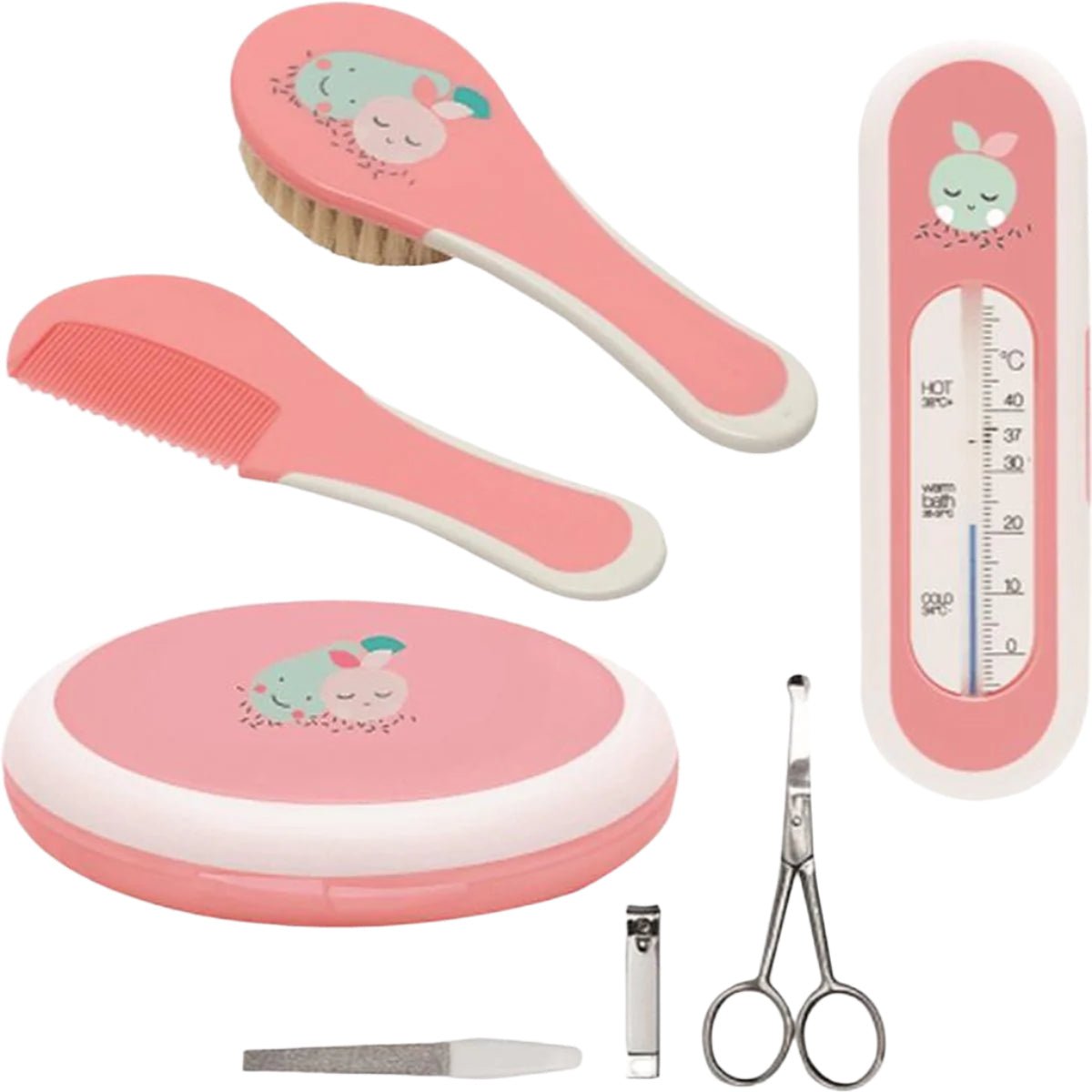 Blush baby grooming kit with round brush, flat comb, thermometer, scissors, nail file
