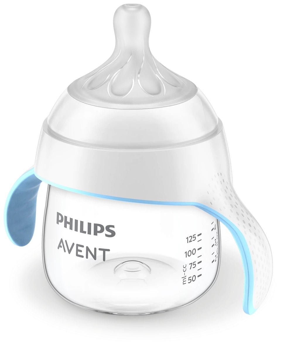 Trainer cup with clear body, PHILIPS AVENT text, blue handle and measurement marks